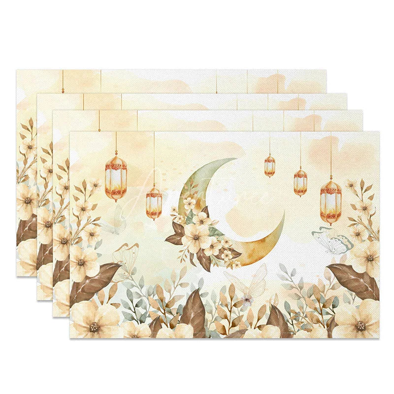 Aperturee - Aperturee Boho Floral Moon and Butterfly Set of 4 Placemats Ramadan Eid Mubarak Greenery Dining Mats for Spring Decor