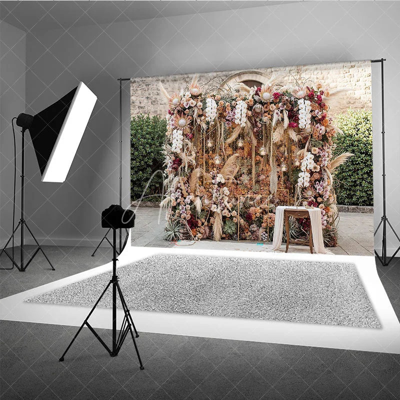 Aperturee - Aperturee Boho Floral Photography Backdrop with Pampas Grass Orchids and Roses Rustic Wedding Event Decor