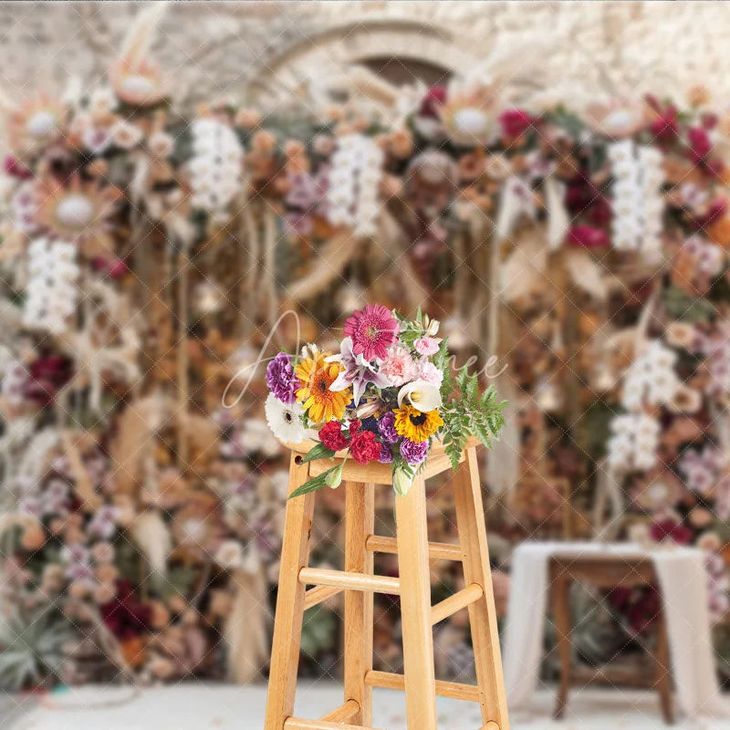 Aperturee - Aperturee Boho Floral Photography Backdrop with Pampas Grass Orchids and Roses Rustic Wedding Event Decor
