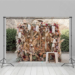 Aperturee - Aperturee Boho Floral Photography Backdrop with Pampas Grass Orchids and Roses Rustic Wedding Event Decor
