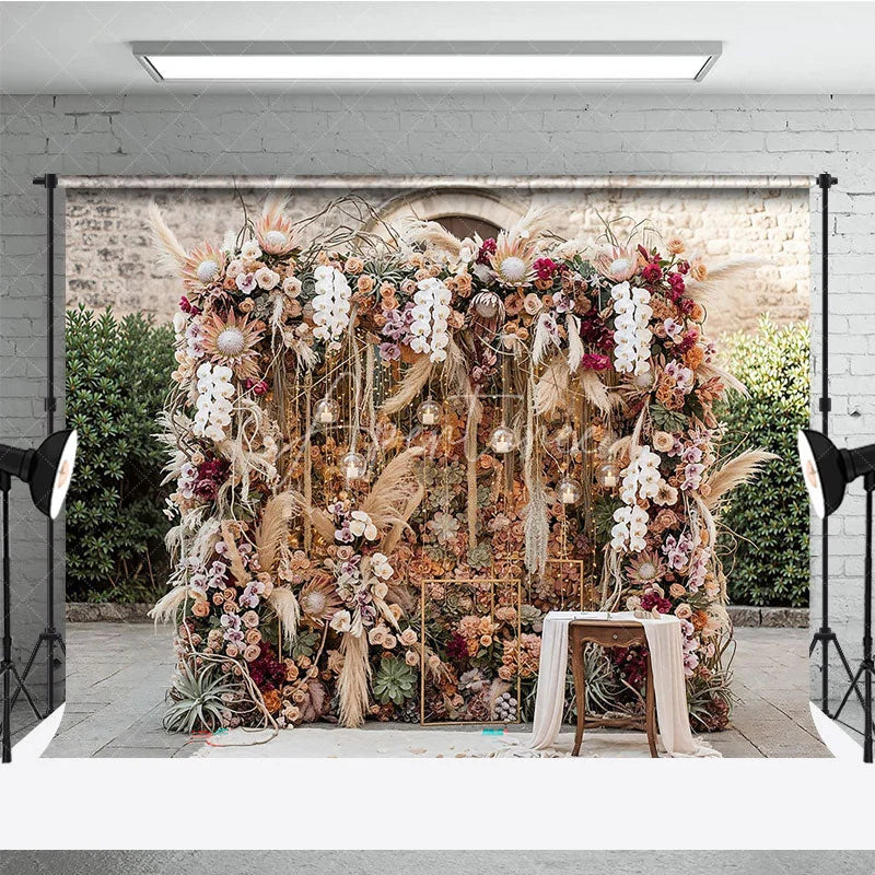 Aperturee - Aperturee Boho Floral Photography Backdrop with Pampas Grass Orchids and Roses Rustic Wedding Event Decor
