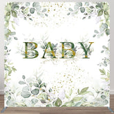 Aperturee - Aperturee Boho Green Leaf Baby Shower Square Tension Backdrop