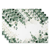 Aperturee - Aperturee Boho Green Leaf Placemats Set of 4 with Gold Glitter Accents for Elegant and Modern Dining Table Decor