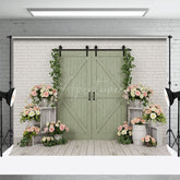 Aperturee - Aperturee Boho Green Wood Door Bricks Floral Wedding Backdrop