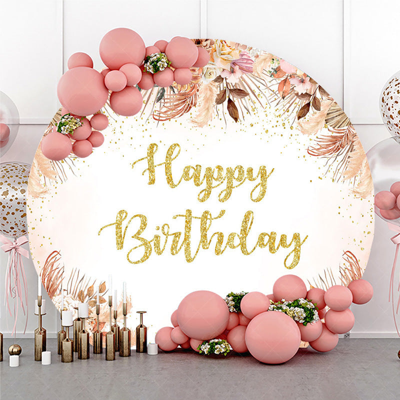 Aperturee Aperturee Boho Happy Birthday Round Backdrop Pampas Grass and Dried Flowers with Gold Glitter Rustic Floral Photo Prop