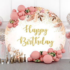 Aperturee Aperturee Boho Happy Birthday Round Backdrop Pampas Grass and Dried Flowers with Gold Glitter Rustic Floral Photo Prop