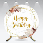 Aperturee - Aperturee Boho Happy Birthday Round Backdrop with Pampas Grass Dried Palm and Floral on Marble Rose Gold Party Decor