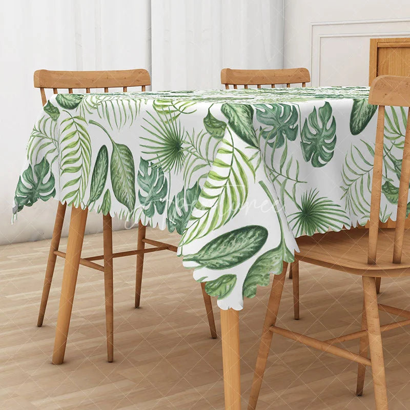 Aperturee - Aperturee Boho Hawaiian Rectangle Tablecloth with Green Tropical Plants for Summer Luau and Jungle Themed Party Decor