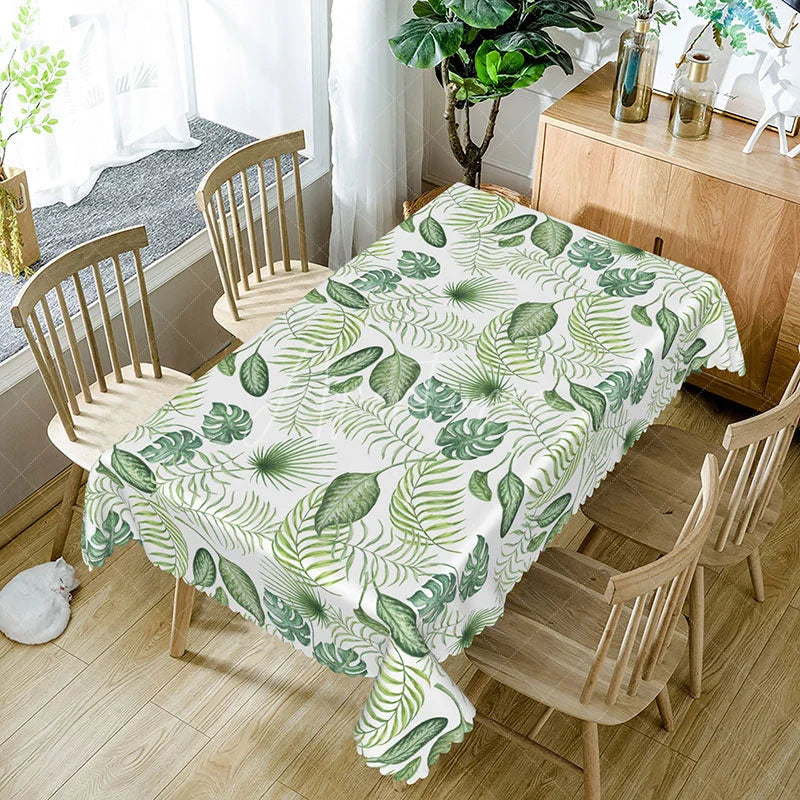 Aperturee - Aperturee Boho Hawaiian Rectangle Tablecloth with Green Tropical Plants for Summer Luau and Jungle Themed Party Decor