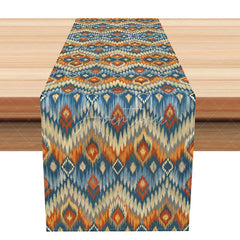 Aperturee - Aperturee Boho Ikat Geometric Table Runner Blue and Orange Tribal Pattern Rustic Farmhouse Dining Table Decor