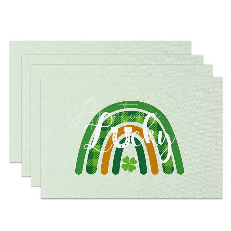 Aperturee - Aperturee Boho Lucky Rainbow Set of 4 Placemats St. Patricks Day Plaid Rainbow and Mint Green Table Mats