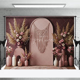 Aperturee - Aperturee Boho Macrame Arch with Pampas Grass and Rose Floral Photography Backdrop Dusty Rose Wedding and Baby Shower Decor