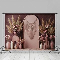 Aperturee - Aperturee Boho Macrame Arch with Pampas Grass and Rose Floral Photography Backdrop Dusty Rose Wedding and Baby Shower Decor