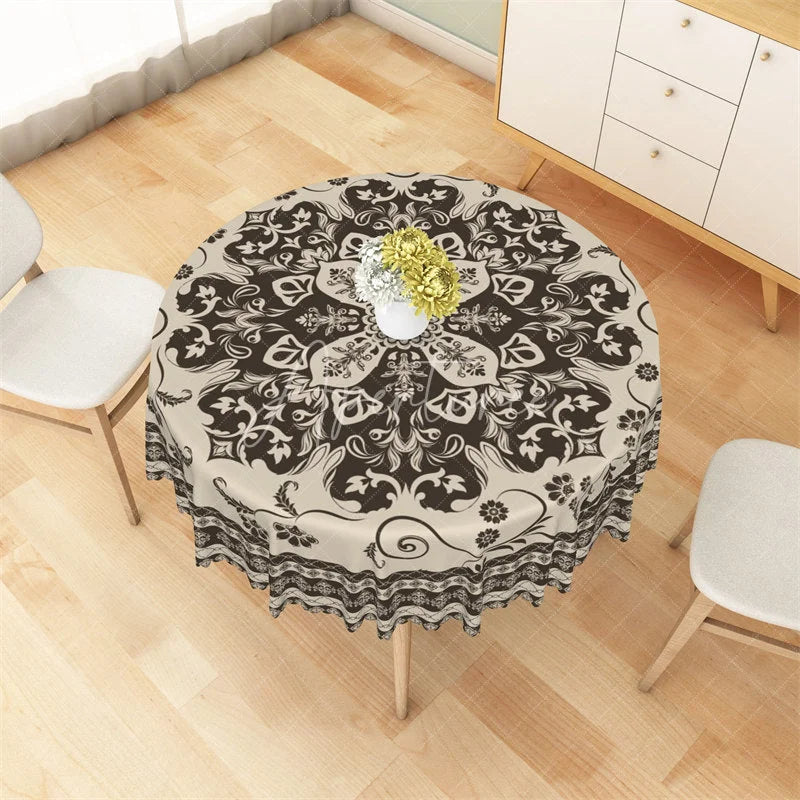 Aperturee - Aperturee Boho Mandala Floral Round Tablecloth Vintage Brown Ethnic Pattern Table Cover for Dining Room