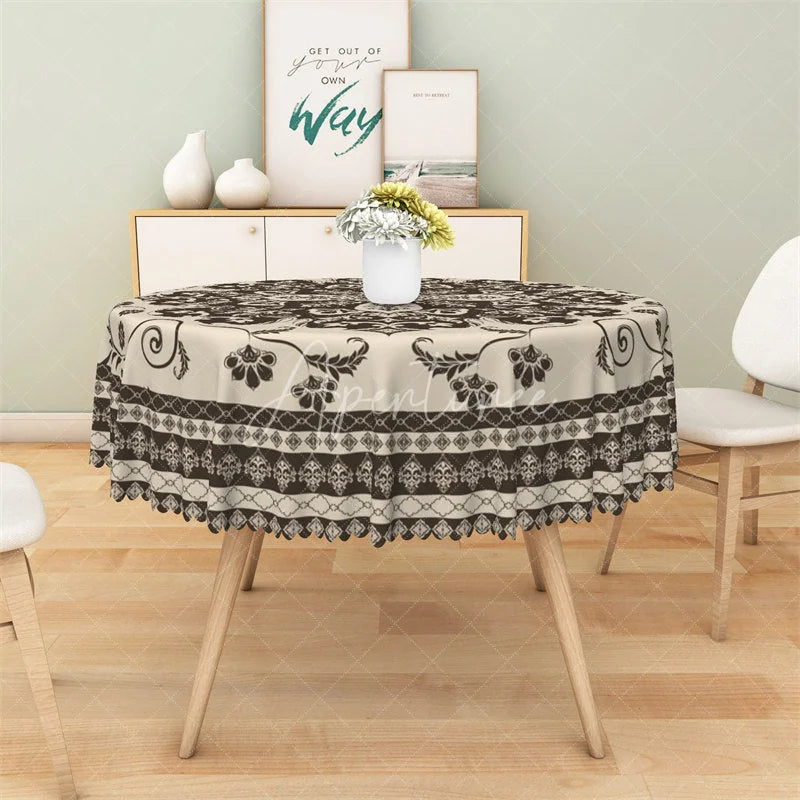Aperturee - Aperturee Boho Mandala Floral Round Tablecloth Vintage Brown Ethnic Pattern Table Cover for Dining Room