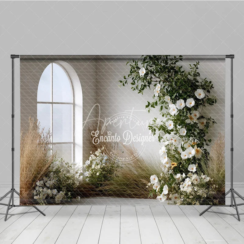 Aperturee - Aperturee Boho Minimalist Wedding Backdrop Arch Window with White Flowers Pampas Grass Greenery Photography Background