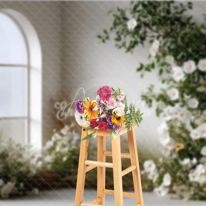 Aperturee - Aperturee Boho Minimalist Wedding Backdrop Arch Window with White Flowers Pampas Grass Greenery Photography Background