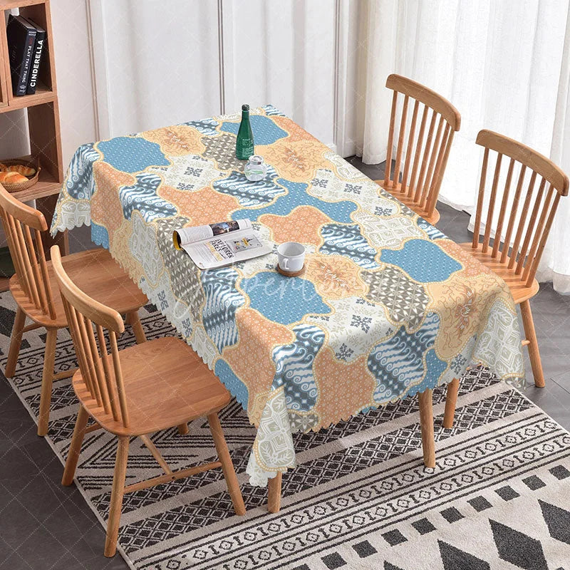 Aperturee - Aperturee Boho Patchwork Rectangle Tablecloth Blue Orange Geometric Floral Batik Cover Ethnic Style Dining Room Decor