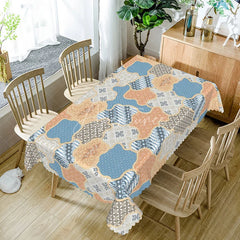 Aperturee - Aperturee Boho Patchwork Rectangle Tablecloth Blue Orange Geometric Floral Batik Cover Ethnic Style Dining Room Decor