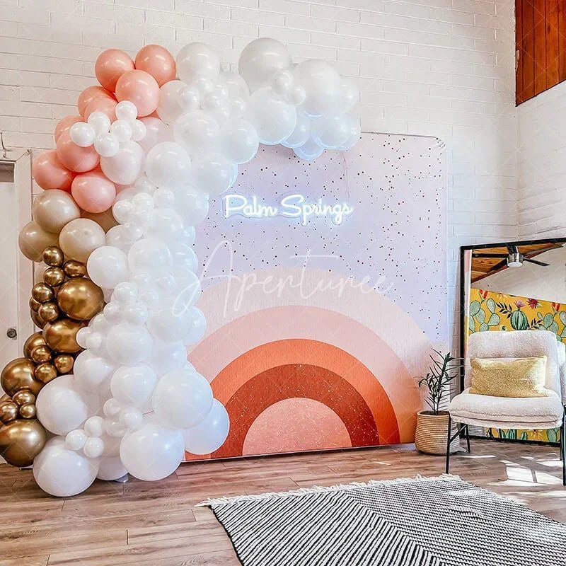 Aperturee - Aperturee Boho Rainbow Arch Tension Fabric Backdrop Terracotta Pink Abstract Sun Background Minimalist Baby Shower Decor