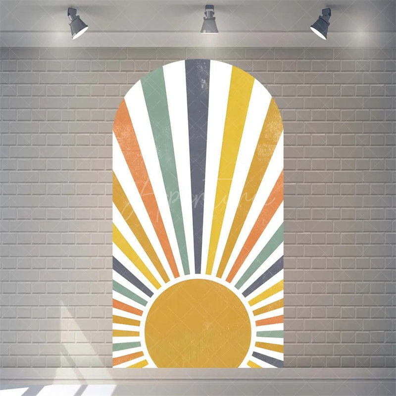 Aperturee - Aperturee Boho Rainbow Baby Shower Arch Backdrop Vibrant Summer Sun Rays Pattern Perfect For Festive Party Decor