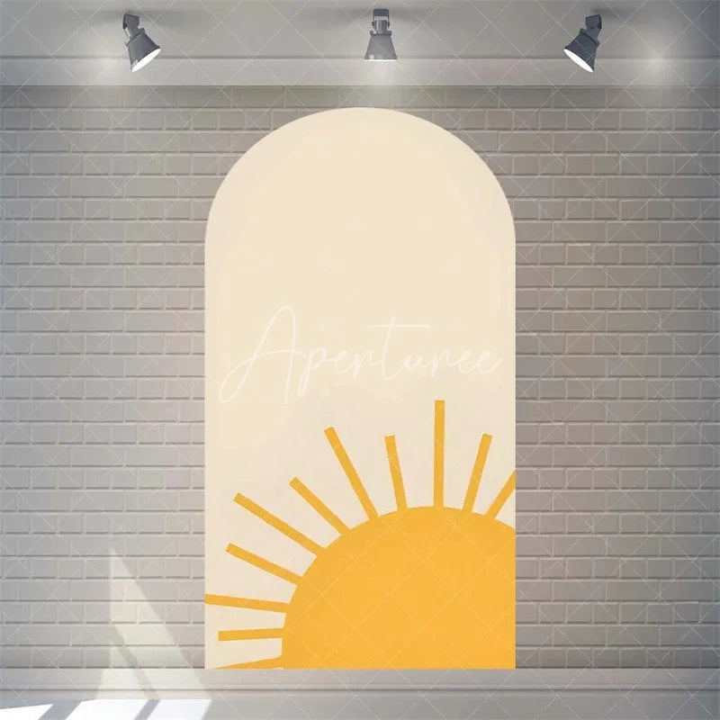 Aperturee - Aperturee Boho Rainbow Baby Shower Arch Backdrop Vibrant Summer Sun Rays Pattern Perfect For Festive Party Decor