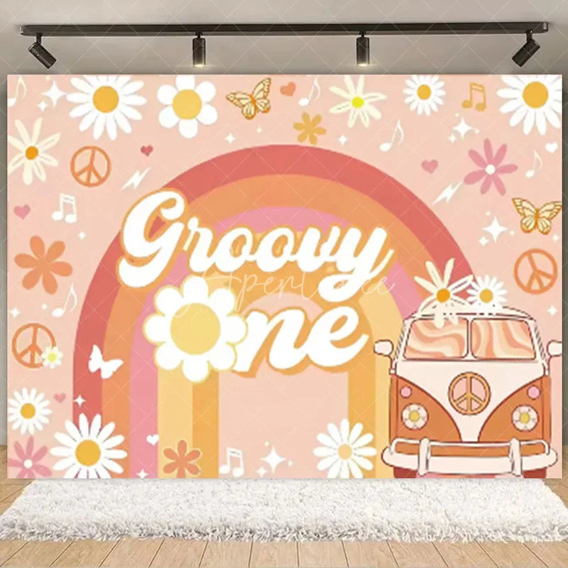 Aperturee - Aperturee Boho Rainbow Groovy One Birthday Backdrop Daisy Floral and Bus Perfect Party Scene Decor for Girls