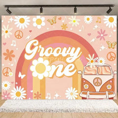 Aperturee - Aperturee Boho Rainbow Groovy One Birthday Backdrop Daisy Floral and Bus Perfect Party Scene Decor for Girls
