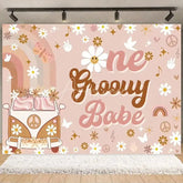 Aperturee - Aperturee Boho Rainbow Groovy One Birthday Backdrop Daisy Floral and Bus Perfect Party Scene Decor for Girls