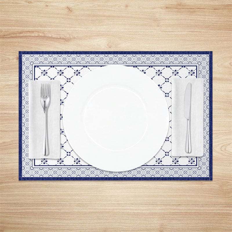 Aperturee - Aperturee Boho Retro Blue White Rhombus Set Of 4 Placemats