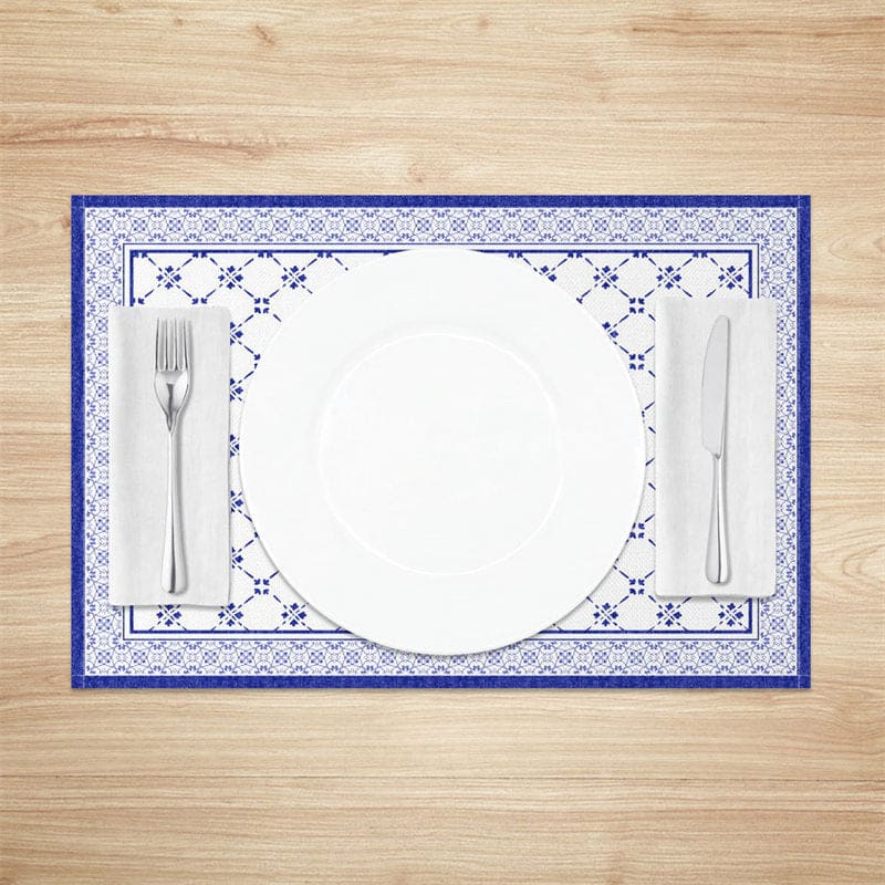 Aperturee - Aperturee Boho Royal Blue White Rhombus Set Of 4 Placemats