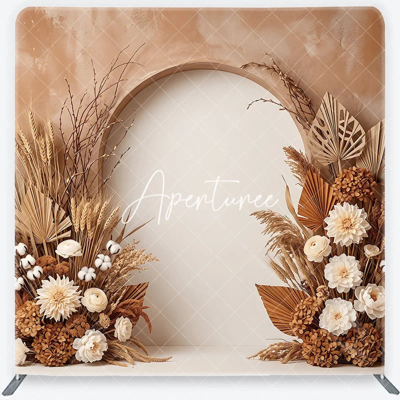 Aperturee - Aperturee Boho Rustic Dried Floral Arch Square Double-Sided Backdrop Natural Pampas Grass and Palm Leaves Photography Background