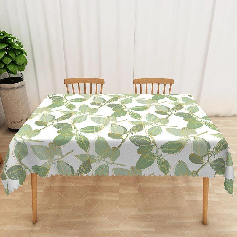 Aperturee - Aperturee Boho Spring Tablecloth with Green and Gold Leaves Elegant Botanical Decor for Wedding or Party