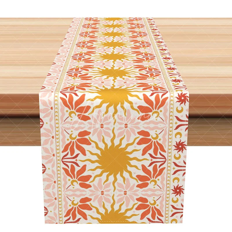 Aperturee - Aperturee Boho Sun and Moon Table Runner 70s Retro Groovy Celestial Print Orange Kitchen Dining Decor