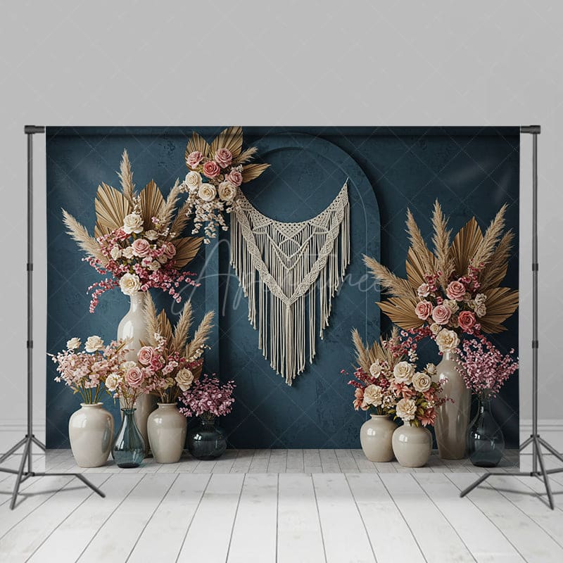 Aperturee - Aperturee Boho Sweet Elegant Blue Floral Arch Wedding Backdrop