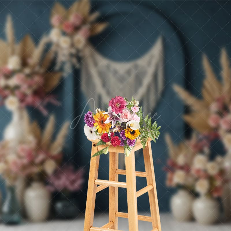 Aperturee - Aperturee Boho Sweet Elegant Blue Floral Arch Wedding Backdrop