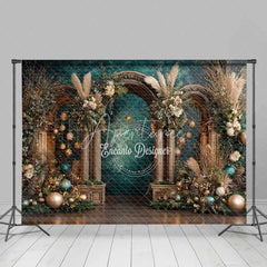 Aperturee - Aperturee Boho Teal and Gold Christmas Backdrop Rustic Wood Arch Pampas Grass Photography Background