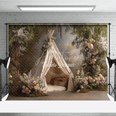 Aperturee - Aperturee Boho Teepee Photography Backdrop Enchanted Forest with Pink Roses Elegant Maternity or Wedding Photo Background