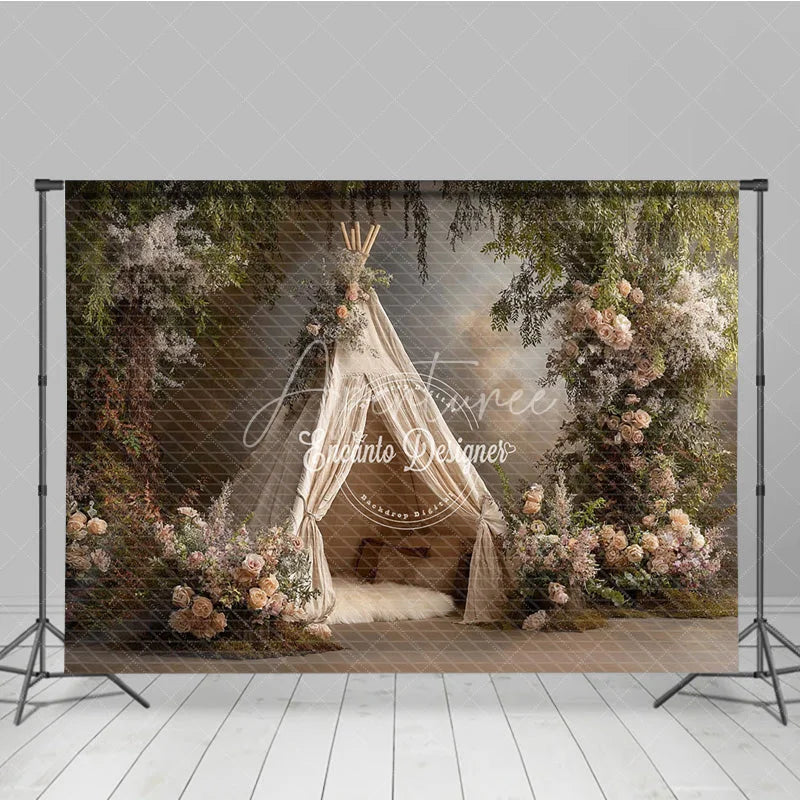 Aperturee - Aperturee Boho Teepee Photography Backdrop Enchanted Forest with Pink Roses Elegant Maternity or Wedding Photo Background