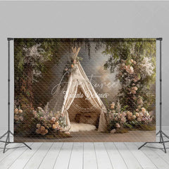 Aperturee - Aperturee Boho Teepee Photography Backdrop Enchanted Forest with Pink Roses Elegant Maternity or Wedding Photo Background
