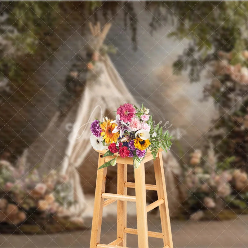 Aperturee - Aperturee Boho Teepee Photography Backdrop Enchanted Forest with Pink Roses Elegant Maternity or Wedding Photo Background
