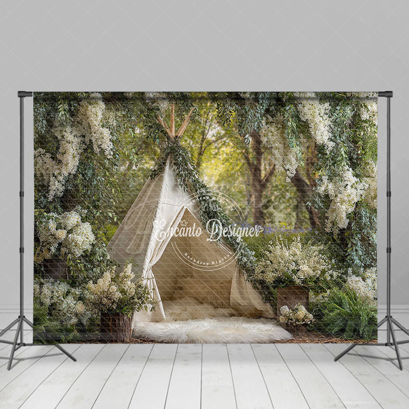 Aperturee - Aperturee Boho Teepee Photography Backdrop in an Enchanted Forest White Floral Greenery Outdoor Wedding Photo Background