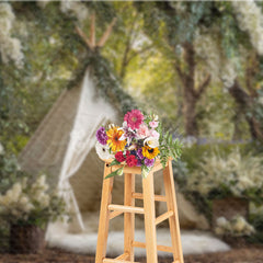 Aperturee - Aperturee Boho Teepee Photography Backdrop in an Enchanted Forest White Floral Greenery Outdoor Wedding Photo Background