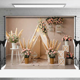 Aperturee Aperturee Boho Teepee Wedding Photography Backdrop Pampas Grass and Pink Roses Indoor Bridal Shower or Engagement Photo Prop