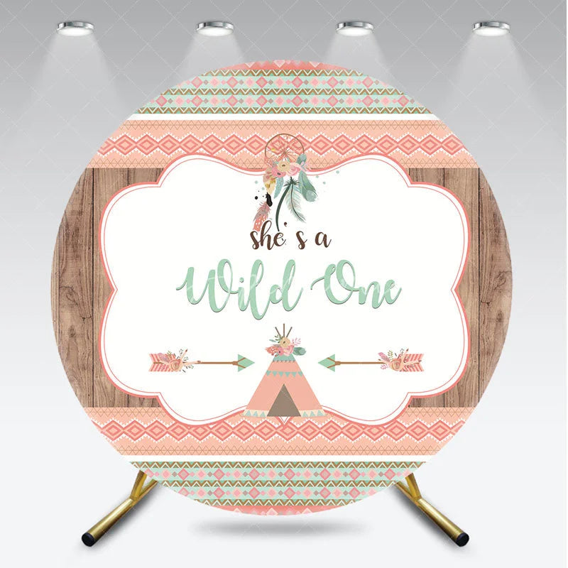 Aperturee - Aperturee Boho Tribal Wild One Round Backdrop with Dreamcatcher and Teepee Peach Mint Green First Birthday Party Decor