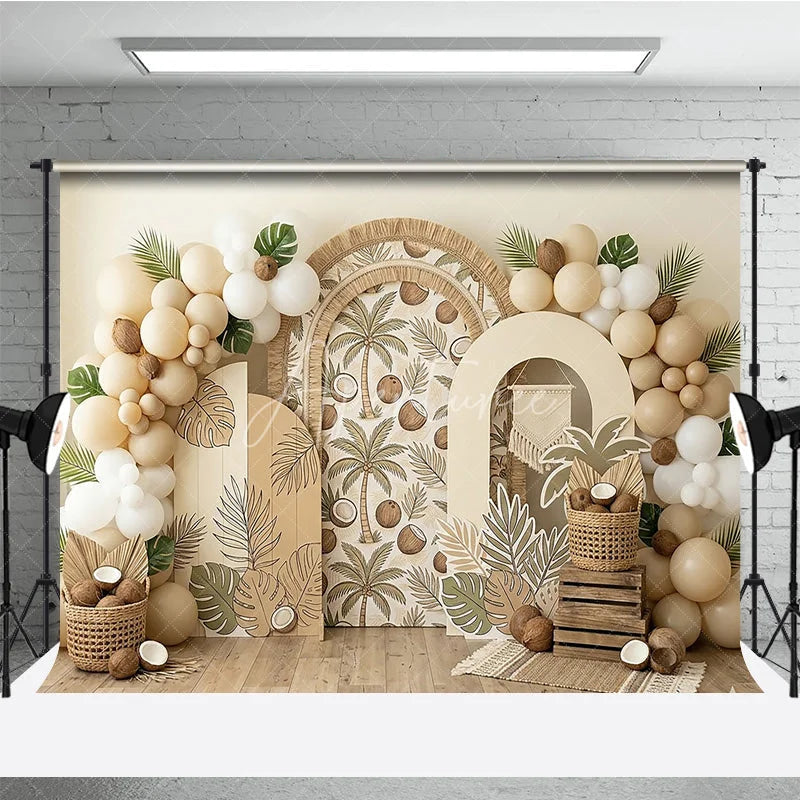 Aperturee - Aperturee Boho Tropical Palm Tree and Coconut Photography Backdrop Arched Design with Neutral Balloons for Party