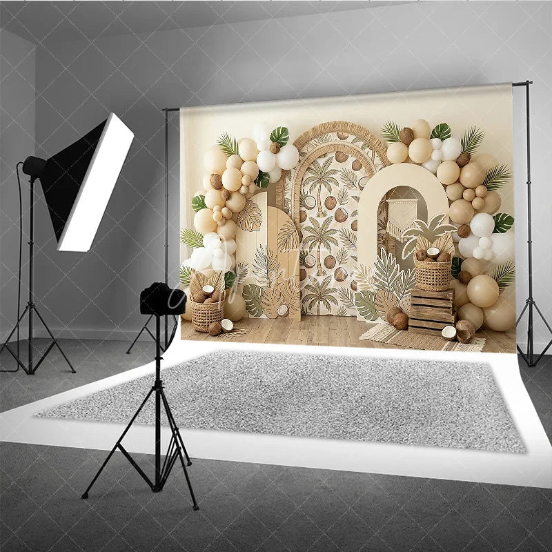 Aperturee - Aperturee Boho Tropical Palm Tree and Coconut Photography Backdrop Arched Design with Neutral Balloons for Party