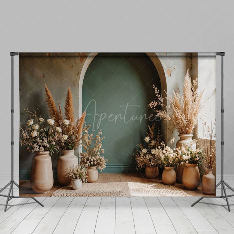Aperturee - Aperturee Boho Vase Floral Retro Arch Wall Photography Backdrop