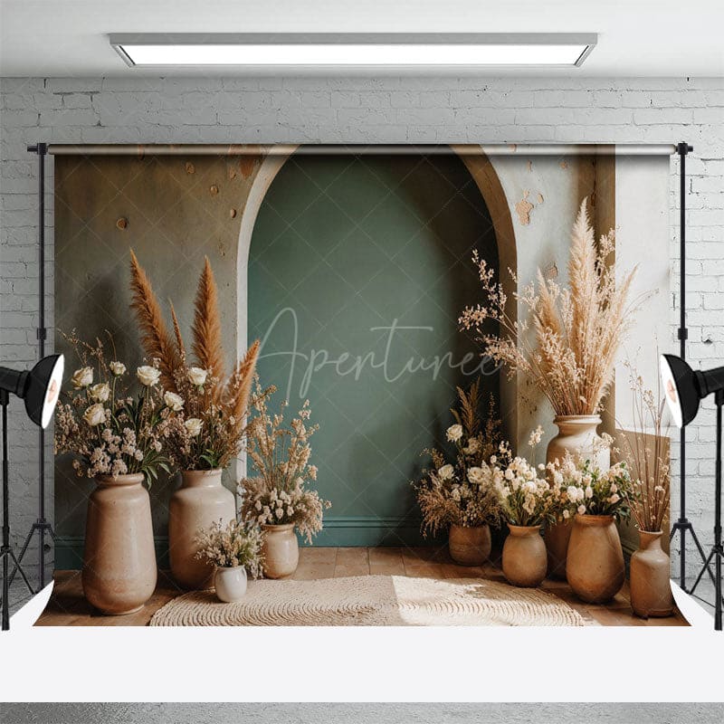 Aperturee - Aperturee Boho Vase Floral Retro Arch Wall Photography Backdrop