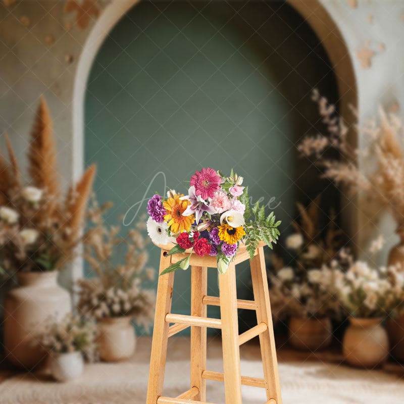 Aperturee - Aperturee Boho Vase Floral Retro Arch Wall Photography Backdrop